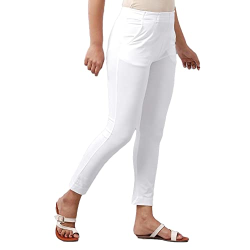Image of De Moza Women Pencil Fit Cigarette Pant | 95% Cotton 5% Elastane | Mid Rise | 2 Pockets | Casual & Office Wear