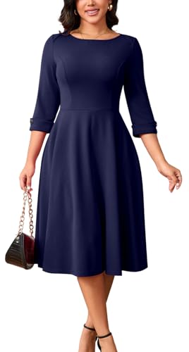 Navy Blue Work Dresses for Women Fit and Flare 3/4