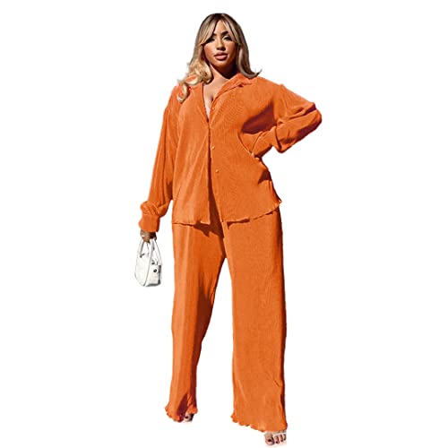 Oluolin Women's 2 Piece Casual Pleated Outfits Button Down Shirt High Waist Wide Leg Trouser Sets Suit Orange #TOP2