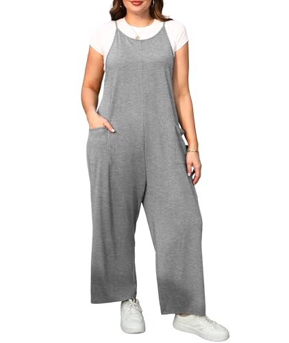 ZHUHOUSE Women's Plus Size Jumpsuits for Curvy Flowy Wide Leg Romper with Pockets (Gray,3X-Large)