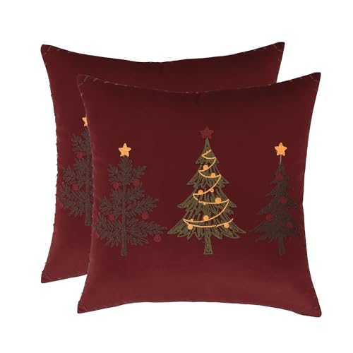 Tosleo Juego de 2 fundas de almohada de Navidad de 18 x 18 pulgadas, funda de almohada de terciopelo rojo con diseño de árbol de Navidad, decoración de fiesta de Navidad, funda de cojín bordada, funda