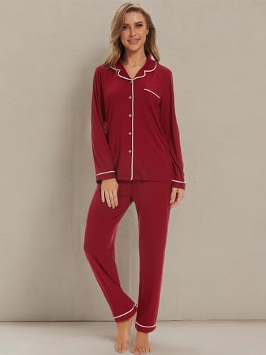Image of Button Up Pajamas for Women Long Sleeve Sleepwear Soft Loungewear Ladies Pjs Set XS-XXL