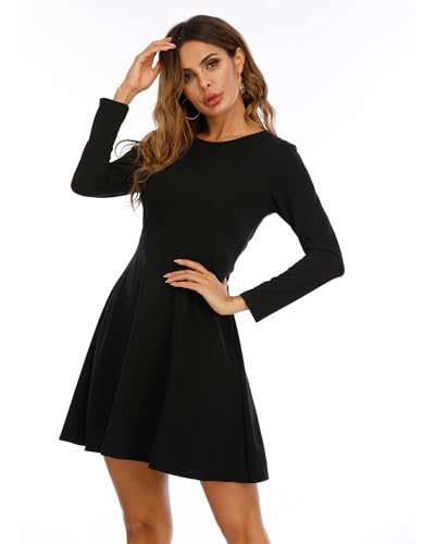 Jusfitsu Womens Long Sleeve Dress Casual Simple Dresses A-Line Knee Length Skirt Slim Fit Skater Dress3