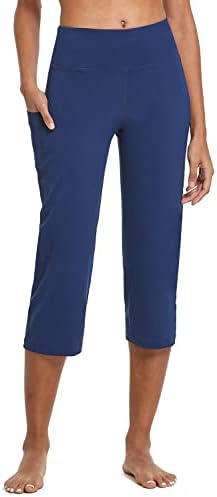 BALEAF Womens Yoga Pants, Capris High Waist Leggings with Pockets Wide Leg Exercise Workout Crop Straight Open Bottom, Navy, XX-Large