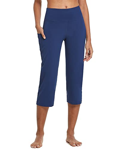 Baleaf Womens Yoga Pants Capris High Waist Leggings With Pockets Wide Leg Exercise Workout Crop Straight Open Bottom, Navy, X-Large #TOP5