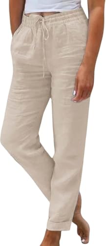 Women's High Waist Elastic Waist Lounge Pant Solid Color Cotton Linen Casual Pant Lightweight Thin Beach Trousers