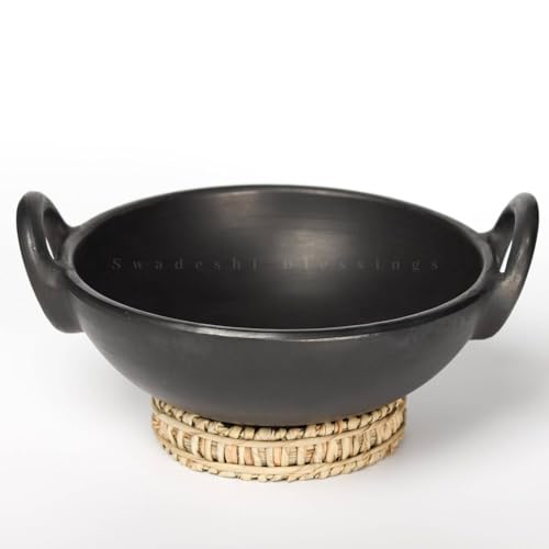 Image of SWADESHI BLESSINGS Exclusive Range Unglazed Clay /Mitti /Earthen Kadai for Cooking, 1.8Liters (with Natural Firing Shade & Mirror Shine) + Free ASH for Cleaning (Black)