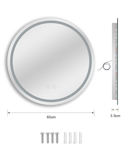 Dripex 600mm Round Bathroom Mirror with LED Light, Illuminated Circle Makeup Vanity Mirror with Demister Pad, Anti-fog, 3 Lighting Modes, Dimmable, Wall Mounted, Front+Backlit, IP44 - Cosy Home Interiors Dripex 600mm Round Bathroom Mirror with LED Light, Illuminated Circle Makeup Vanity Mirror with Demister Pad, Anti-fog, 3 Lighting Modes, Dimmable, Wall Mounted, Front+Backlit, IP44 - Image 5