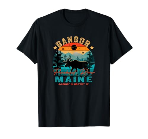 Bangor Maine ME USA Retro Sunset Vintage Moose Mountains T-Shirt