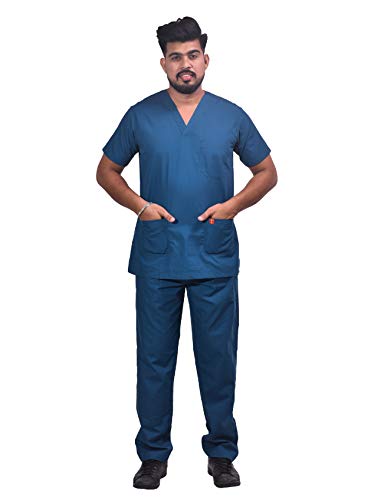 Image of Unisex V-Neck Polyester Cotton Medical Scrub Suit for Doctors, Top and Bottom with 6 Pockets, Triple Needle Stitch Top, Size 50-5XL, Caribbean Blue.