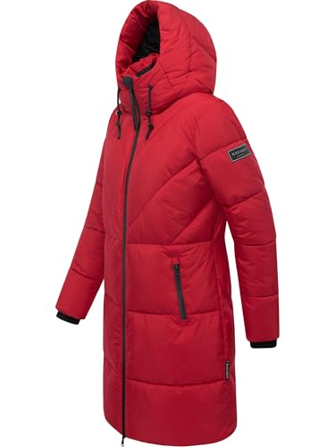 Navahoo Damen Langer Wintermantel warmer Steppmantel mit großer Kapuze und Fleece-gefütterten Kragen Kältekuschel XIV Dark Red Gr. S