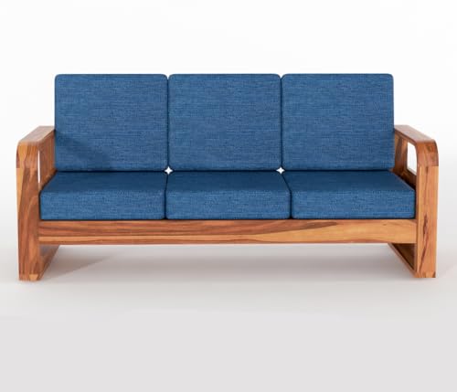 Image of Solid Sheesham Wooden 3 Seater Sofa for Living Room | Sofa with Side Pocket Storage & Cushion | Rosewood Sofa Set for Home (Honey with Blue Cushion, 3 Seater)