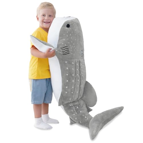 Zctghvy Gray Whale Shark Stuffed Animal – Giant 39 Inch Cuddly Whale Shark Plushie Shark Plush Pillow for Kids and Adults, Ocean Animal Gift for Shark Lovers