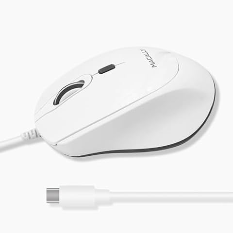 Macally USB C Mouse for Mac - Precise, Comfortable, and Quiet - Wired Type C Mouse for MacBook Pro |Air|PC|iOS|Android - Ambidextrous Body, 4 DPI Modes, & Silent Buttons - Optical Mouse USB C - White Cover