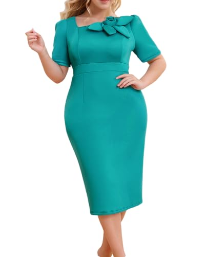 ONTINVA Church Dresses for Women Short Sleeve Bodycon Rose Ruffle Vintage Wear to Work Pencil Midi Dress Party Formal