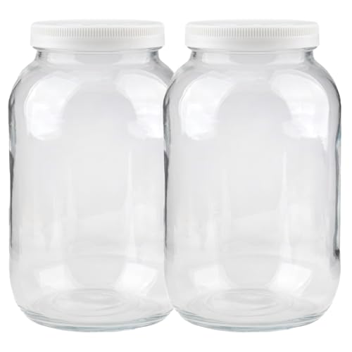 Lonriva 1 Gallon Glass Jars with White Lid 2 Pcs 128oz Extra Wide Mouth(11cm/4.33in) Glass Storage Jars Plastic Lids with Silicone Rings for Food Storage Curing Fermentation and Preservation