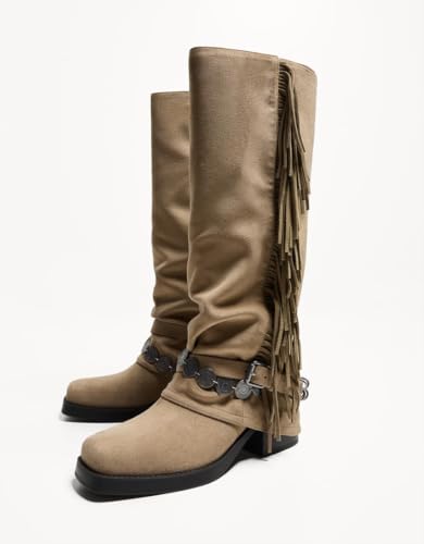 MissHeel Suede Riding Boots with Fringe for Women Fold Over Mid Calf Boot4