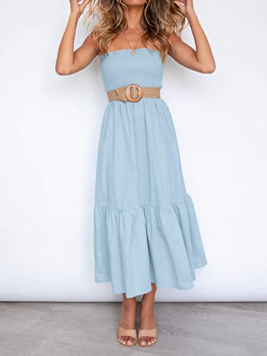 Image of ZESICA Women's Summer Boho Strapless Maxi Dress 2026 Casual Off Shoulder Smocked Flowy A Line Beach Holiday Long Dresses