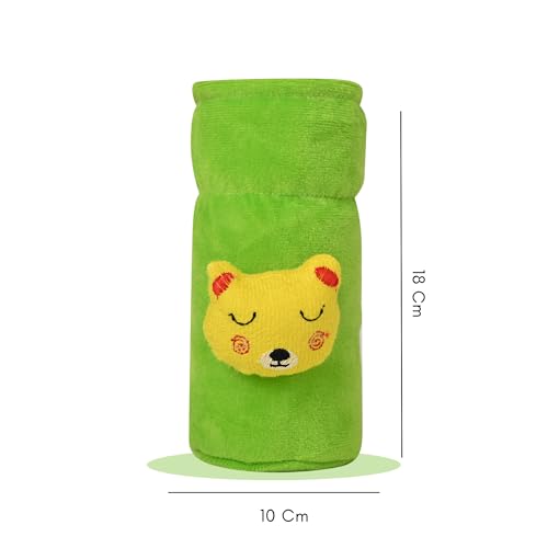 Image of Soft Plush Stretchable Baby Feeding Bottle Cover Easy to Hold Strap with Cute Animated Cartoon| Suitable for 60-125 Ml Feeding Bottle (Peach-Green)