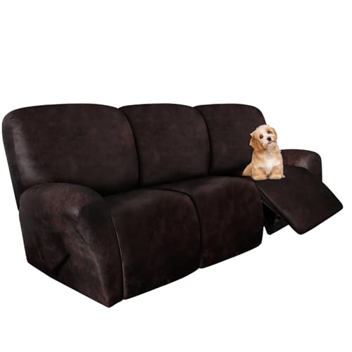 molasofa Recliner Sofa Covers - 8 Pieces Stretch Leather Like Large Couch Covers for 3 Seats Reclining Slipcovers Soft Jacquard Pattern Furniture Protector with Elastic Bottom (Chocolate)
