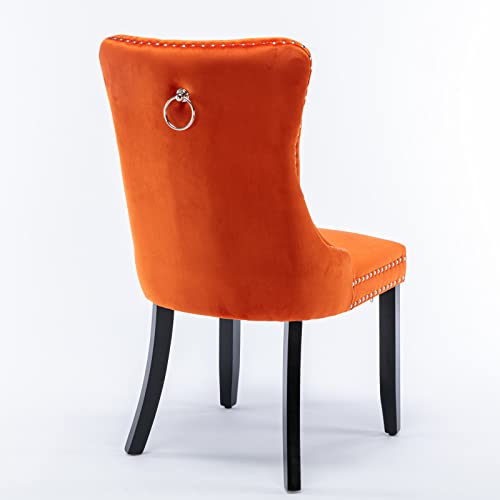 Rhomtree Set of 4 Velvet Fabric Dining Chairs Luxury Tufted Back with Nailed Trim and Back Ring Pull Home Kitchen Dining Room Chairs Armless Side Chairs Solid Rubber Wood Legs (Orange) - Thumbnail 3
