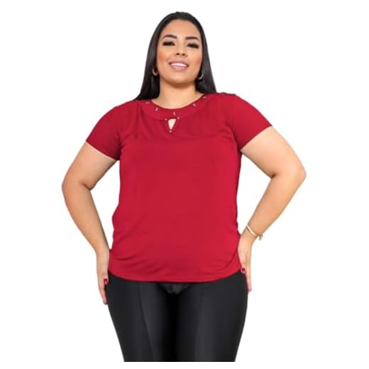 Blusa Feminina Decote V Vazado Gola c/Pedrinha Lisa Básica Plus Size Manga Curta Primavera Verão Roupa Moda Elegamte Casual (BR, Alfa, GG, Plus Size, Vermelho Claro)