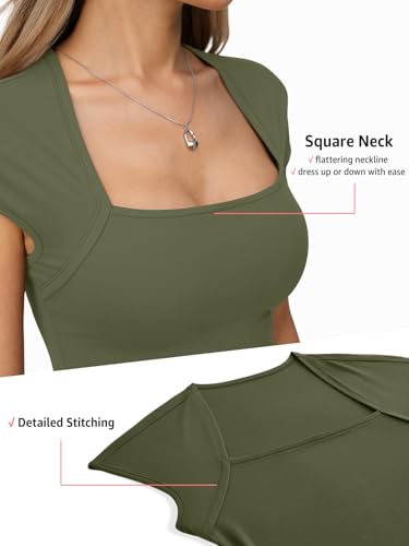 Eachyes Womens Square Neck Short Sleeve Shirts Cap Sleeve Low Cut Tops Sexy Slim Fit Basic Tee Y2k Going Out Cute Summer Crop Outfits 2026 Army Green X Small — view 3