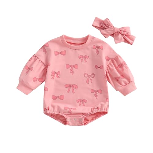Image of Douhoow Baby Girl Fall Outfit Bow Print Crew Neck Long Sleeve Sweatshirt Romper Tie-up Headband 2 Pcs Set