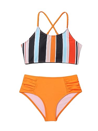 SweatyRocks Girl's 2 Piece Bathing Suits Striped Print Spaghetti Strap Criss Cross Bikini Set High Waist Swimsuit