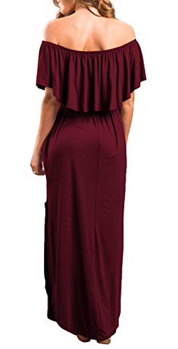 Womens Off The Shoulder Ruffle Party Dress Side Split Beach Long Maxi Dresses Wine Red L #TOP2