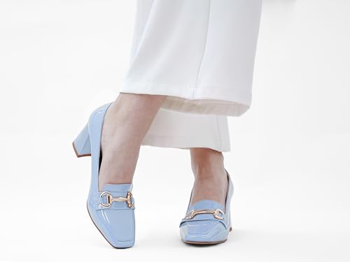 Image of Womens Mid Block Chunky Heeled Loafers Closed Square Toe Patent Leather Comfortable Slip On Pumps Metal Chain Basic Classic Casual Work Office Dress Shoes 2.8 Inches Heels