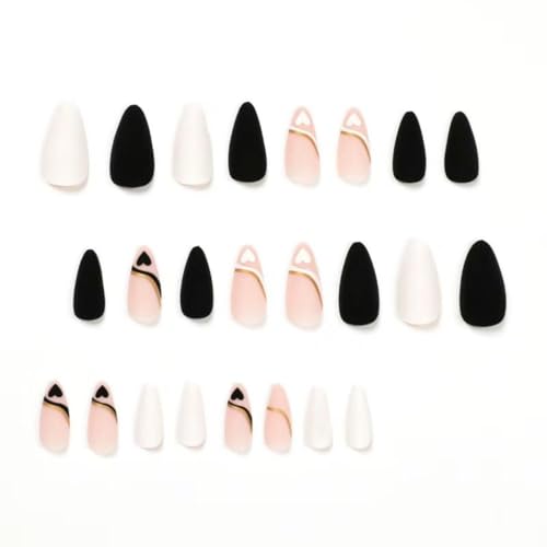 Image of Love Press on nails Medium Stiletto Fake Nails with Design Nude Pink Glue on nails Glossy Acrylic Full Cover Stick on Nail Black White Solid color False Nail for Women Valentine's Day Manicure