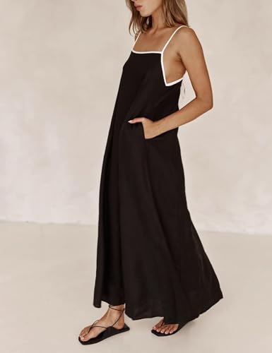 Image of Womens Summer Linen Maxi Dress Contrast Trim Spaghetti Straps Backless Sleeveless Long Flowy Dresses