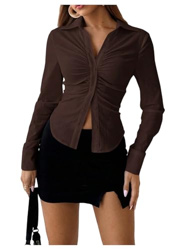 SOLY HUX Women's Button Down Ruched Blouse Long Sleeve Shirts