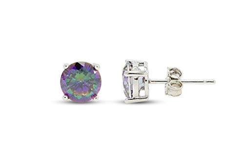 Round Mystic Topaz Stud Earrings for Women, 6mm Lab-Created Rainbow Fire Topaz in 14K White Gold Plated 925 Sterling Silver with Push Back, Colorful Gemstone Jewelry Gift
