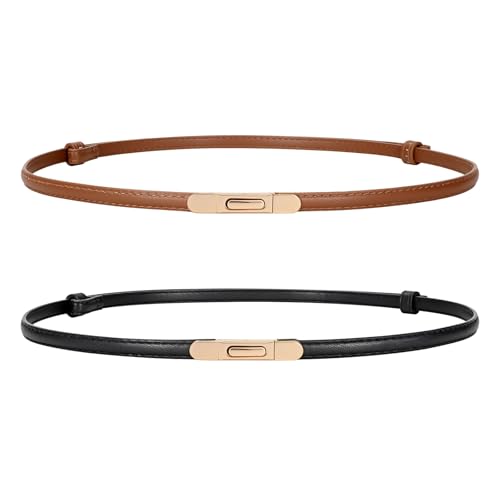 XZQTIVE 2 Pack Skinny Belt for Women Thin Waist Belt Adjustable Leather Belt for Dress Pants with Gold Buckle,0.39