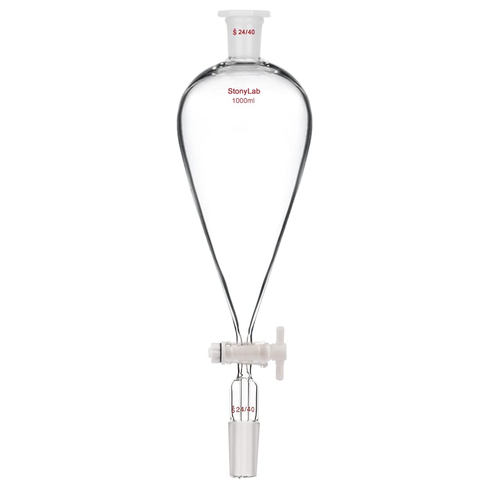stonylab Scheidetrichter Glas, 1000 ml Separatorentrichter mit PTFE-Absperrhahn Konischer Birnenförmiger Schwerwandiger Borosilikatglas Trenntrichter mit 24/40 Fugen