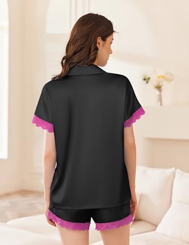 Image of Ekouaer Womens Satin Pajama Set Lace Trim Button Down Pj Shorts Set Bridesmaids Getting Ready Outfits Bridal Party Gifts, Black with Rose Red Lace Trim, Large