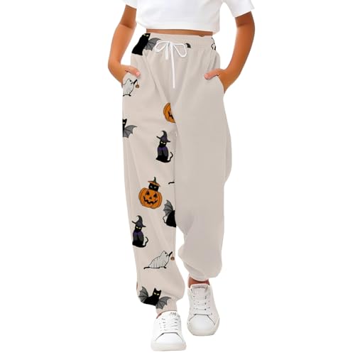 Girls Halloween Sweatpants Ghost Print Drawstring Long Bottom Trousers Kids Baggy Elastic High Waisted Sweat Pants