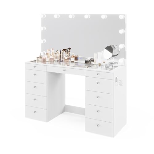 Boahaus Orla - Glass Top Large Vanity Desk w/Bluetooth Speaker, 12 Hollywood Lights, 11 Drawers, Crystal Knobs, USB Type-C & Type-A Ports, Power Outlet, Premium Makeup Vanity for Women, Teens – White