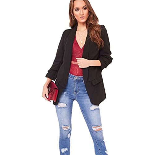 Dames Frill Ruffle Manches 3/4 Duster Manteau Veste Blazer - Slim Fit Costume Blazer Veste - Déguisement Femme (Noir 24-26) Cover