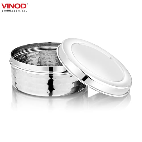 Image of Vinod Hammered Stainless Steel Puri Dabba | 450ml Capacity, 11cm Dia | Hammered Finish Multipurpose Stainless Steel Flat Storage Container for Puri, Snacks, Dry Food, Tiffin & Travel Use
