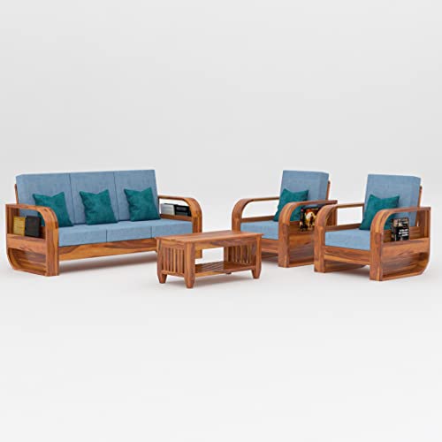 Image of Douceur Furnitures Solid Sheesham Wood 5 Seater Sofa | Five Seater Sofa Set with Coffee Table for Living Room, Cafe, Office | (Honey Teak Cushion Sky Blue)