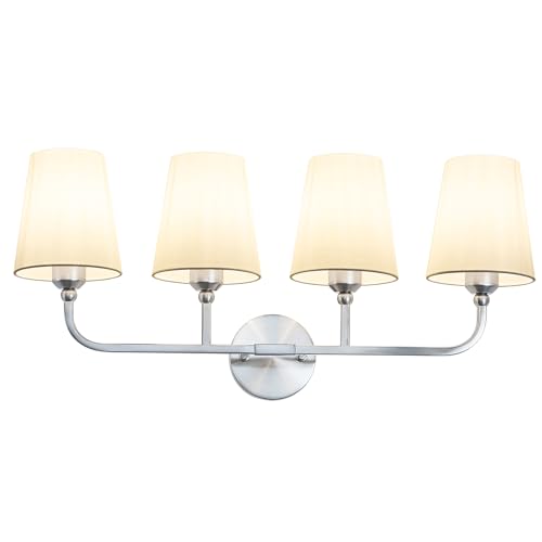 Image of Bathroom Vanity Light Brushed Nickel Bathroom Lighting Fixtures Over Mirror | 4-Light Bathroom Light Fixtures with Flared White Fabric Shade, E26 Socket (ETL Listed)