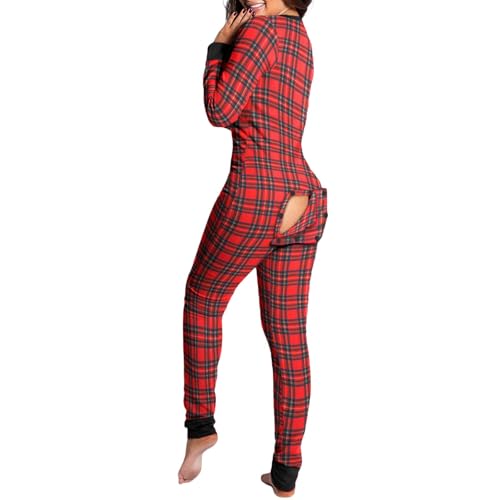 KMBANGI Women's One Piece Onsie Ugly Christmas Pajamas Print Jumpsuit Sleepwear Plus Size Romper with Drop Seat (Flap Butt Plaid,M)