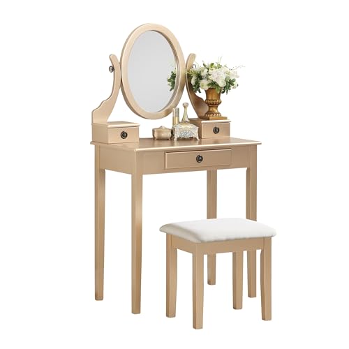 Roundhill Furniture Moniys Wood Moniya Makeup Vanity Table and Stool Set Gold