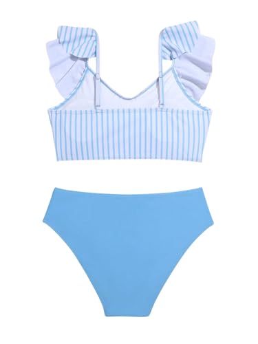 Cozyease Girl'S 2 Piece Swimsuits Striped Print V Neck Ruffle Hem High Waisted Bathing Suit Cute Bikini Set Blue And White 10-11Y thumb #1