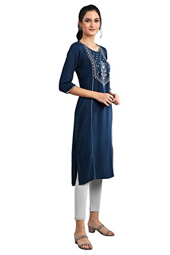 Image of Aurelia Women Navy Blue Embroidered Kurta in Round Neckline
