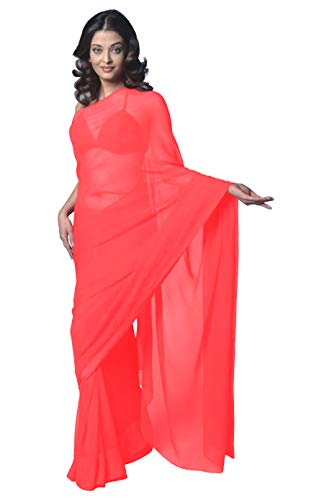 themilestocks Women's Bollywood Chiffon Plain Sari Festival Uniform Saree Wrap Fabric Unstitched Blouse Piece Party Wear (Salmon),One Size