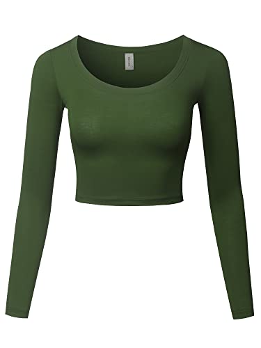Made in USA Basic Casual Solid Stretchable Scoop Neck Long Sleeve Crop Top Olive S